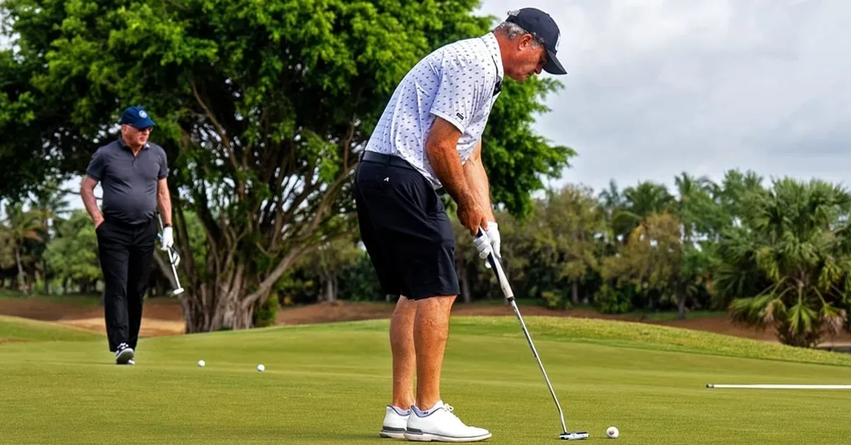 Two golfers practice putting on a lush green at a tropical golf course community surrounded by palm trees and mature landscaping.