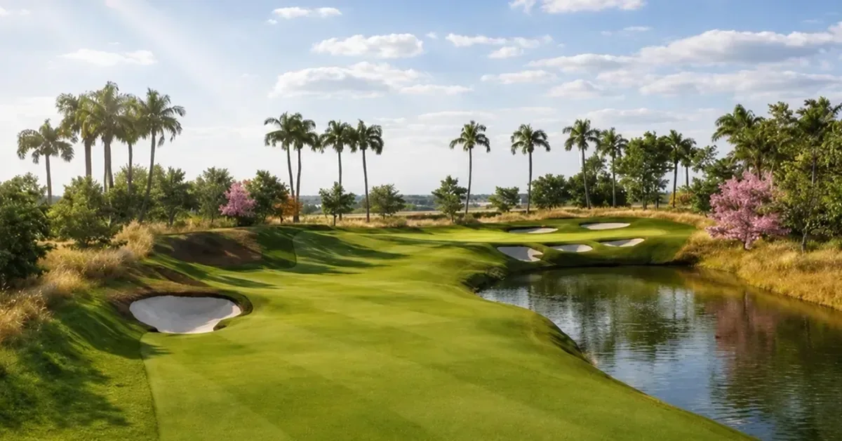 Lush golf course fairway with white sand bunkers, serene water hazard, and tropical palm trees under a bright Florida sky.
