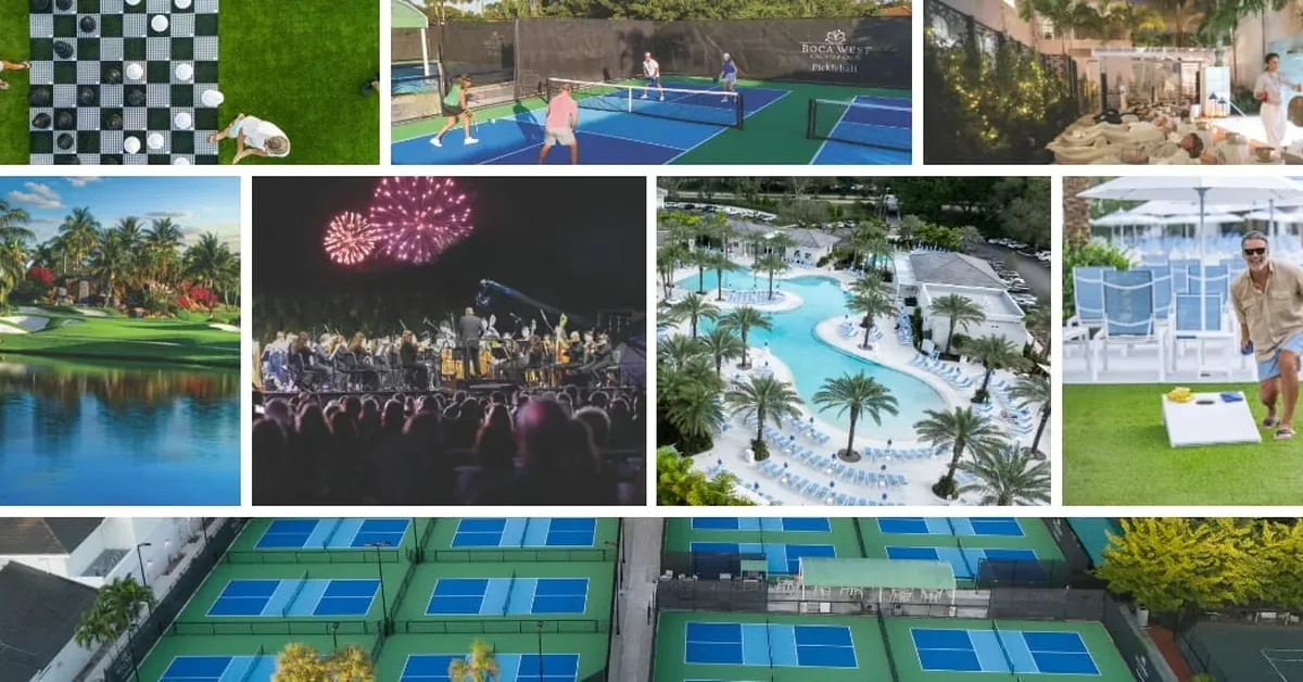 Boca West Country Club amenities collage featuring pickleball courts, golf course, resort pool, lawn games, live entertainment, and spa facilities.