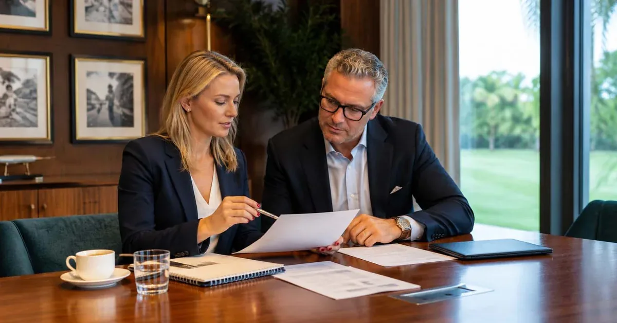 Two real estate professionals reviewing property documents together at a luxury conference table in an elegant office setting.