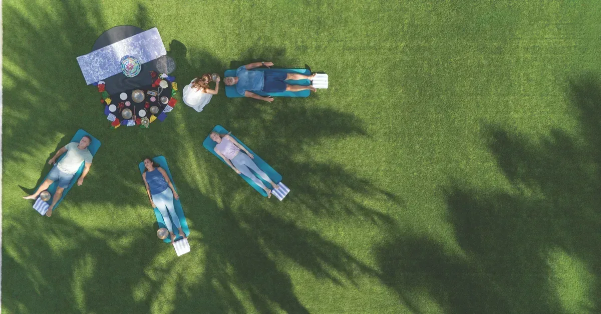 Aerial view of a group wellness session on lush green grass, with participants lying on yoga mats around a sound healing setup.