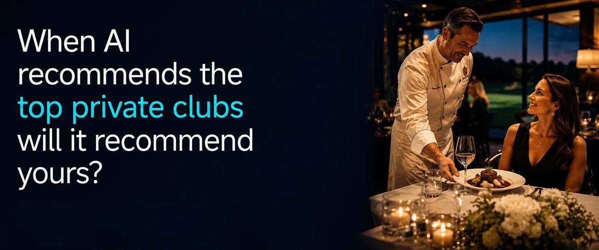 A chef serves an elegant candlelit dinner to a guest at a luxury private club restaurant, with the caption "When AI recommends the top private clubs, will it...